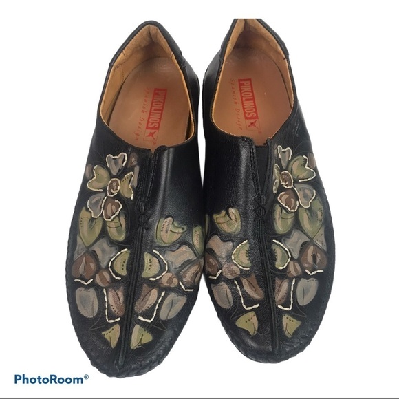 Pikolinos Driving Shoes Womens Size 6.5 Black Flat Floral Embroidered Bohemian - Picture 3 of 7